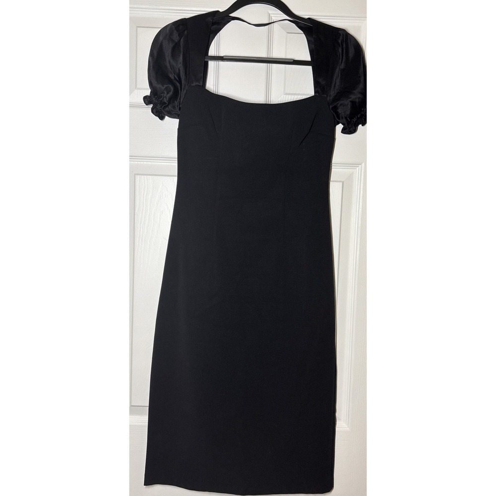 Maria Bianca Nero Sheath Puff Sleeve Back Slit Black Midi Dress Size Small
